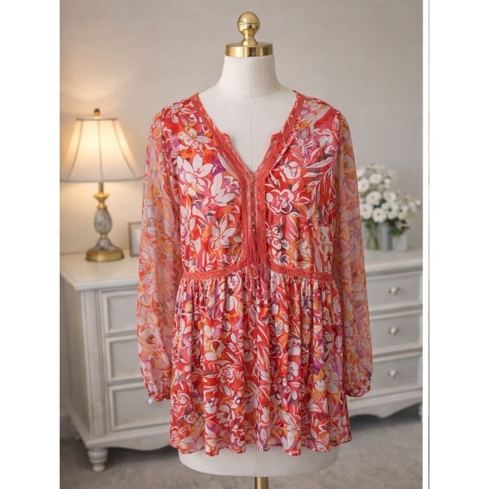 Torrid Super Soft Knit Babydoll Top‎ Orange Floral Sheer Sleeves Size 0 Large